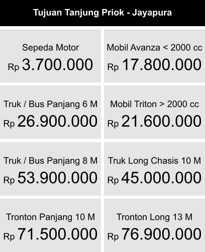 Sepeda Motor Rp 3.700.000  Mobil Avanza < 2000 cc  Rp 17.800.000  Mobil Triton > 2000 cc  Rp 21.600.000  Truk / Bus Panjang 6 M  Rp 26.900.000  Truk / Bus Panjang 8 M  Rp 53.900.000  Truk Long Chasis 10 M  Rp 45.000.000  Tronton Panjang 10 M  Rp 71.500.000  Tronton Long 13 M  Rp 76.900.000 Tujuan Tanjung Priok - Jayapura