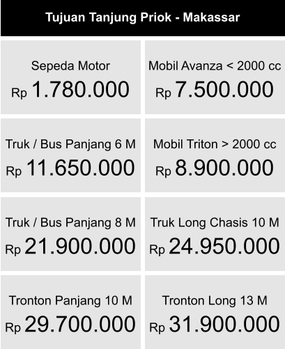 Sepeda Motor Rp 1.780.000  Mobil Avanza < 2000 cc  Rp 7.500.000  Mobil Triton > 2000 cc  Rp 8.900.000  Truk / Bus Panjang 6 M  Rp 11.650.000  Truk / Bus Panjang 8 M  Rp 21.900.000  Truk Long Chasis 10 M  Rp 24.950.000  Tronton Panjang 10 M  Rp 29.700.000  Tronton Long 13 M  Rp 31.900.000 Tujuan Tanjung Priok - Makassar